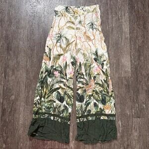H&M Tropical Leopard Print Wide Leg Pants Green Floral Viscose Size 6
